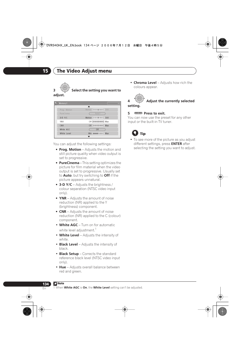 The video adjust menu 15 | Pioneer DVR-545HX-S User Manual | Page 134 / 172