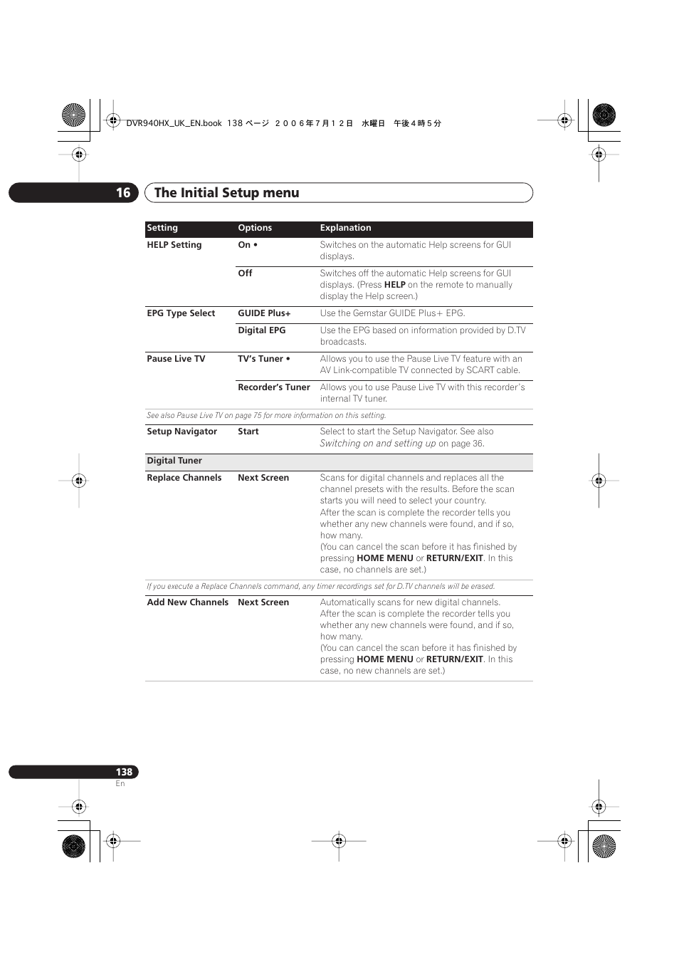 The initial setup menu 16 | Pioneer DVR-545HX-S User Manual | Page 138 / 172