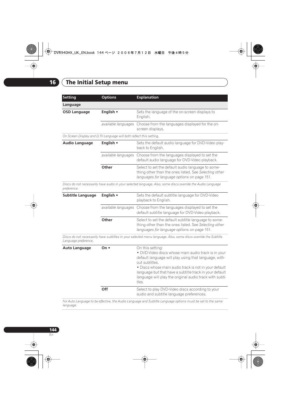 The initial setup menu 16 | Pioneer DVR-545HX-S User Manual | Page 144 / 172