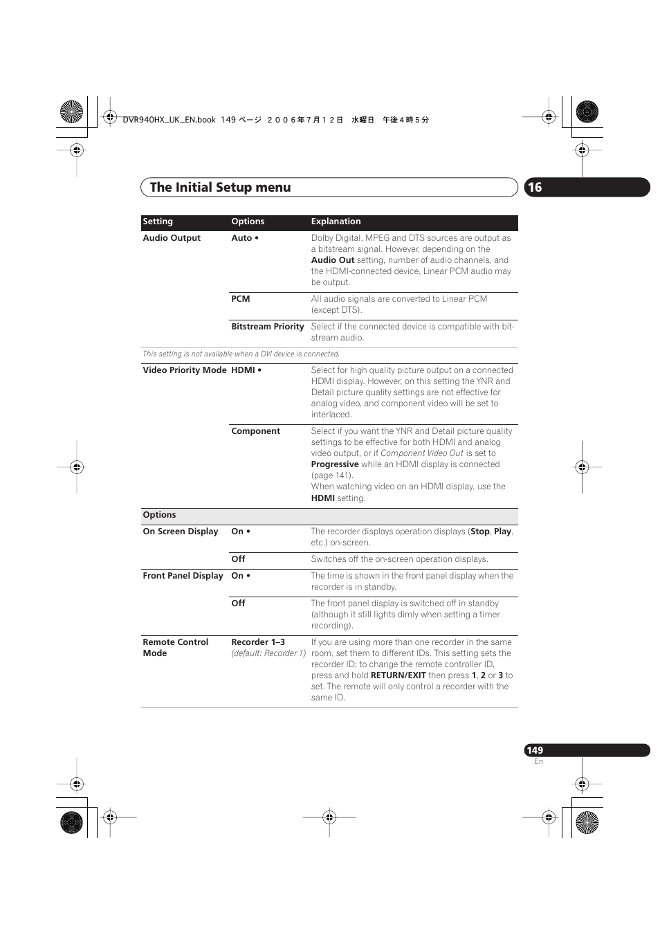 The initial setup menu 16 | Pioneer DVR-545HX-S User Manual | Page 149 / 172