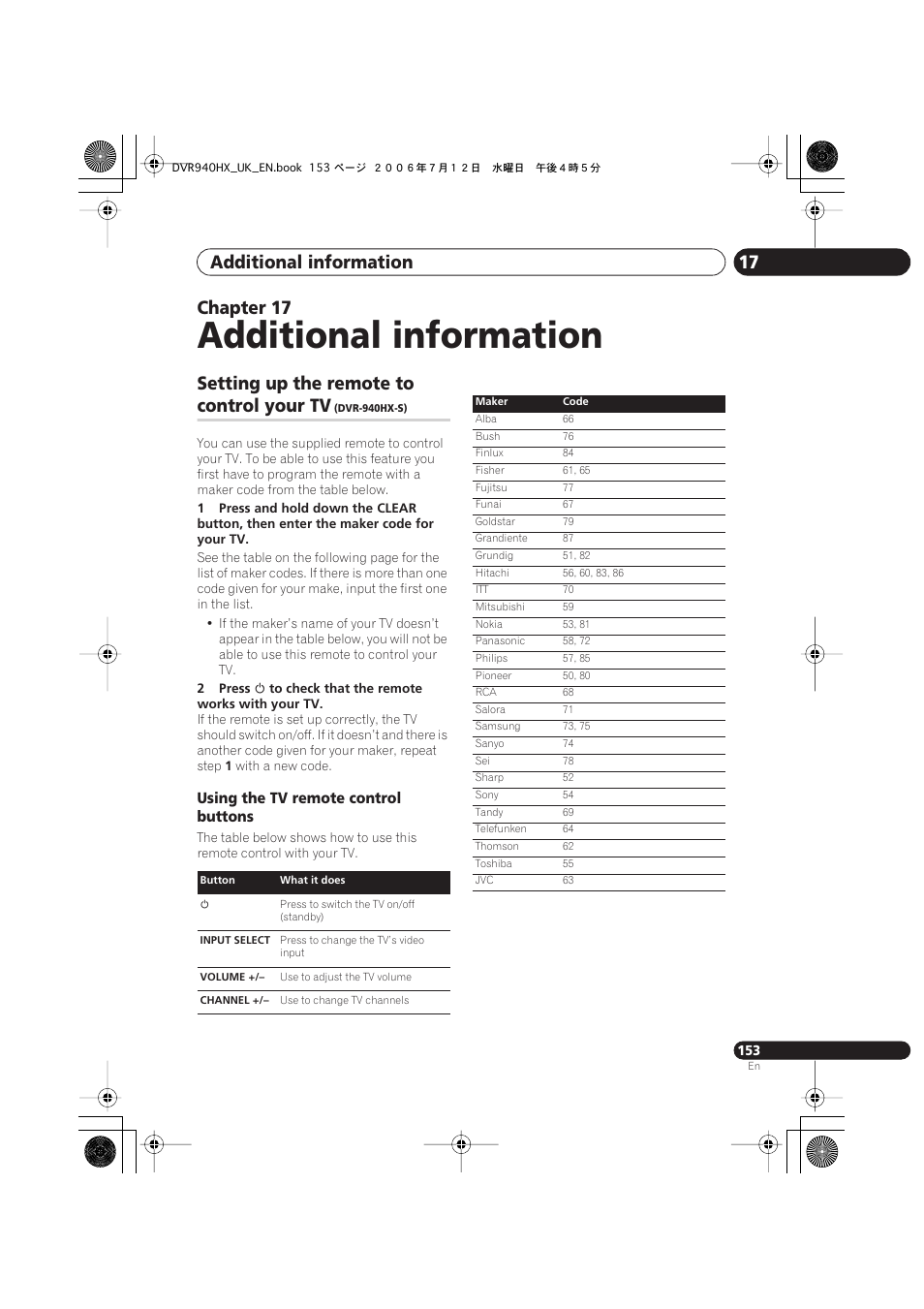 17 additional information, Additional information, Additional information 17 | Chapter 17, Setting up the remote to, Control your tv, Using the tv remote control buttons | Pioneer DVR-545HX-S User Manual | Page 153 / 172