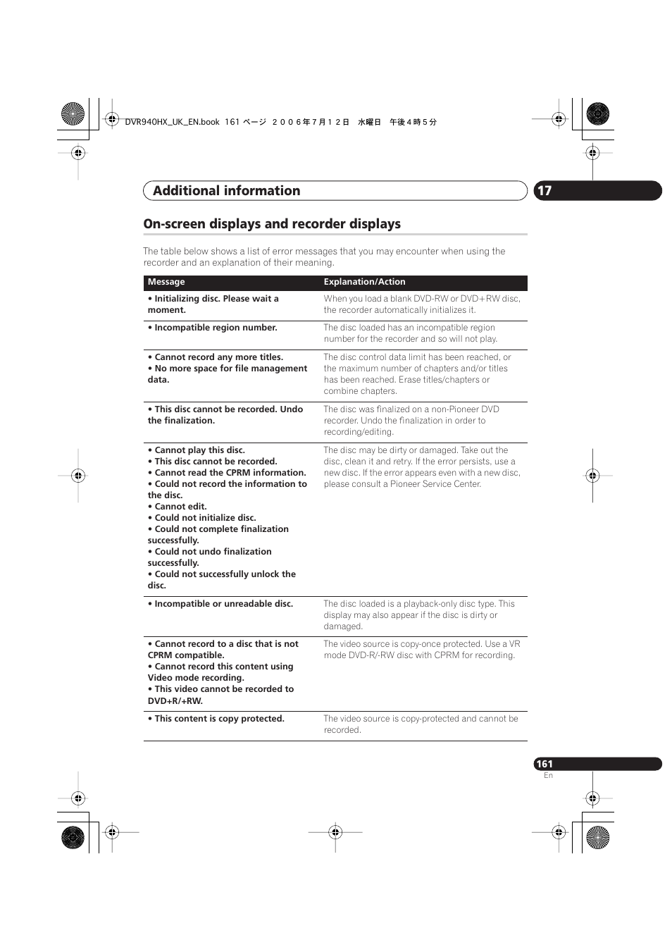 On-screen displays and recorder displays, Additional information 17 | Pioneer DVR-545HX-S User Manual | Page 161 / 172