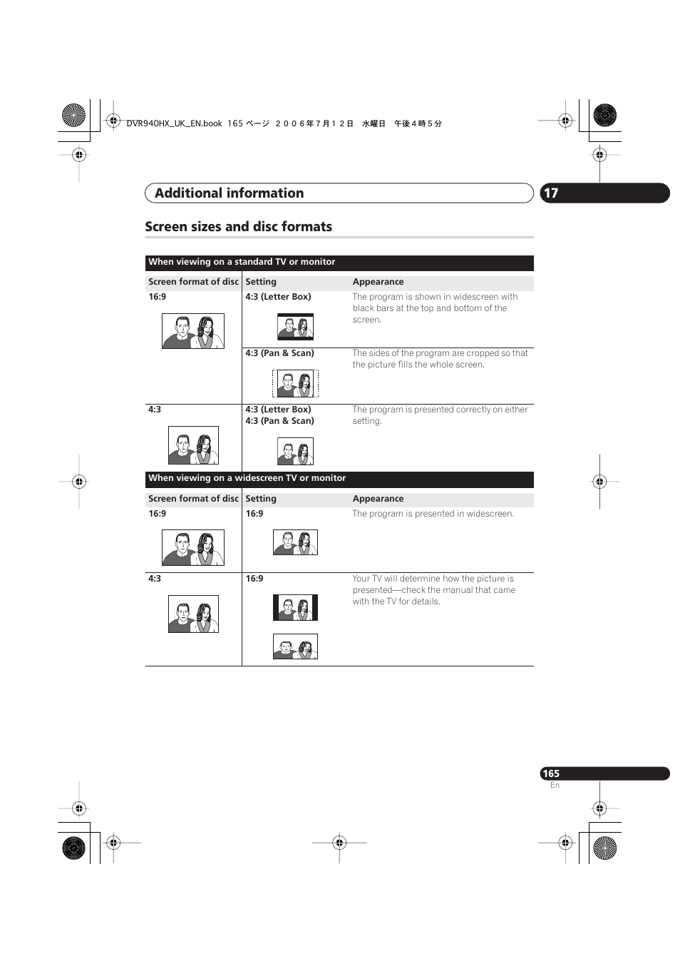 Screen sizes and disc formats, Additional information 17 | Pioneer DVR-545HX-S User Manual | Page 165 / 172