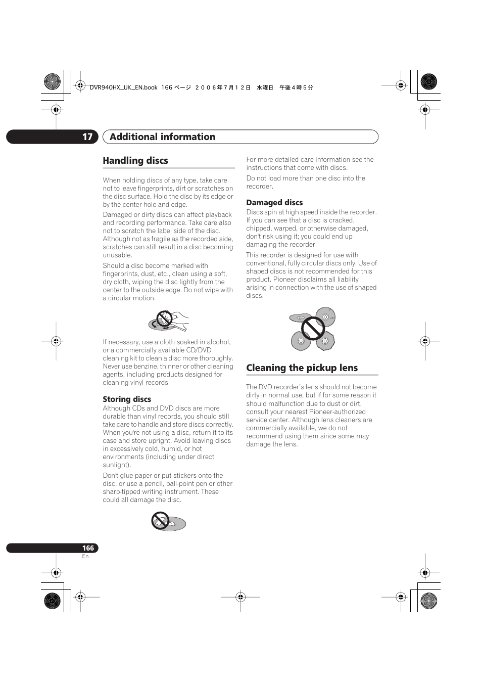 Handling discs, Cleaning the pickup lens, Additional information 17 | Pioneer DVR-545HX-S User Manual | Page 166 / 172