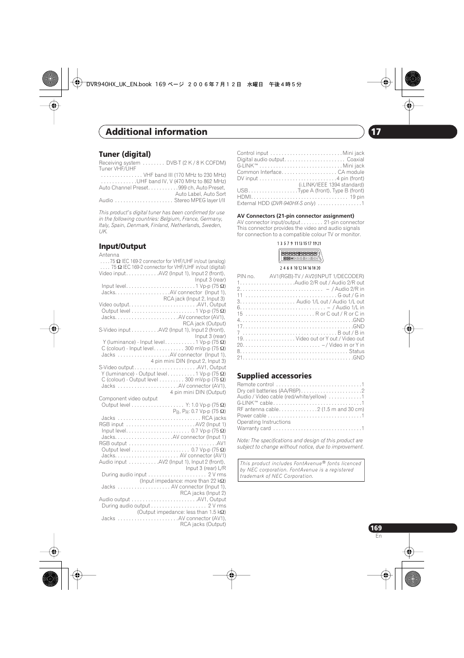 Additional information 17, Tuner (digital), Input/output | Supplied accessories | Pioneer DVR-545HX-S User Manual | Page 169 / 172