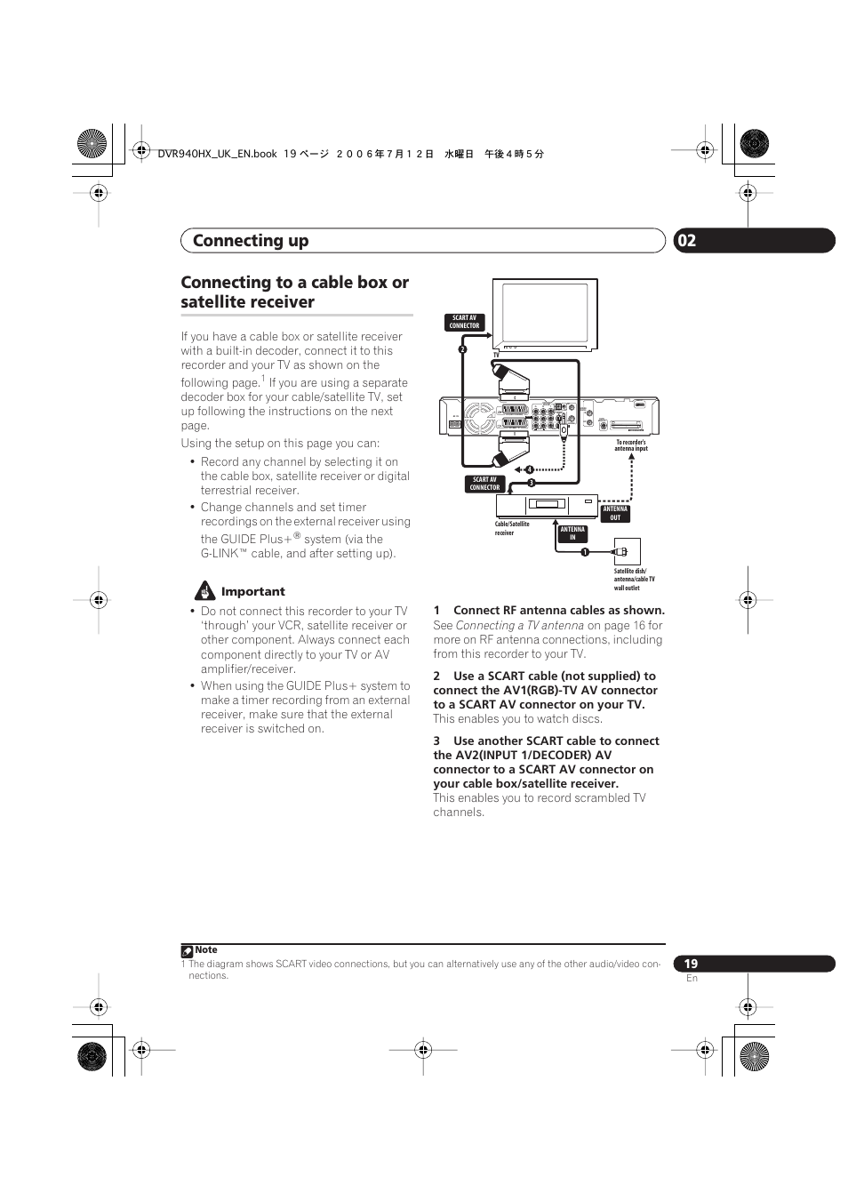 Using other types of audio/video output, Connecting to a cable box or satellite receiver, Connecting up 02 | Connecting to a cable box or, Satellite receiver, Coaxial | Pioneer DVR-545HX-S User Manual | Page 19 / 172