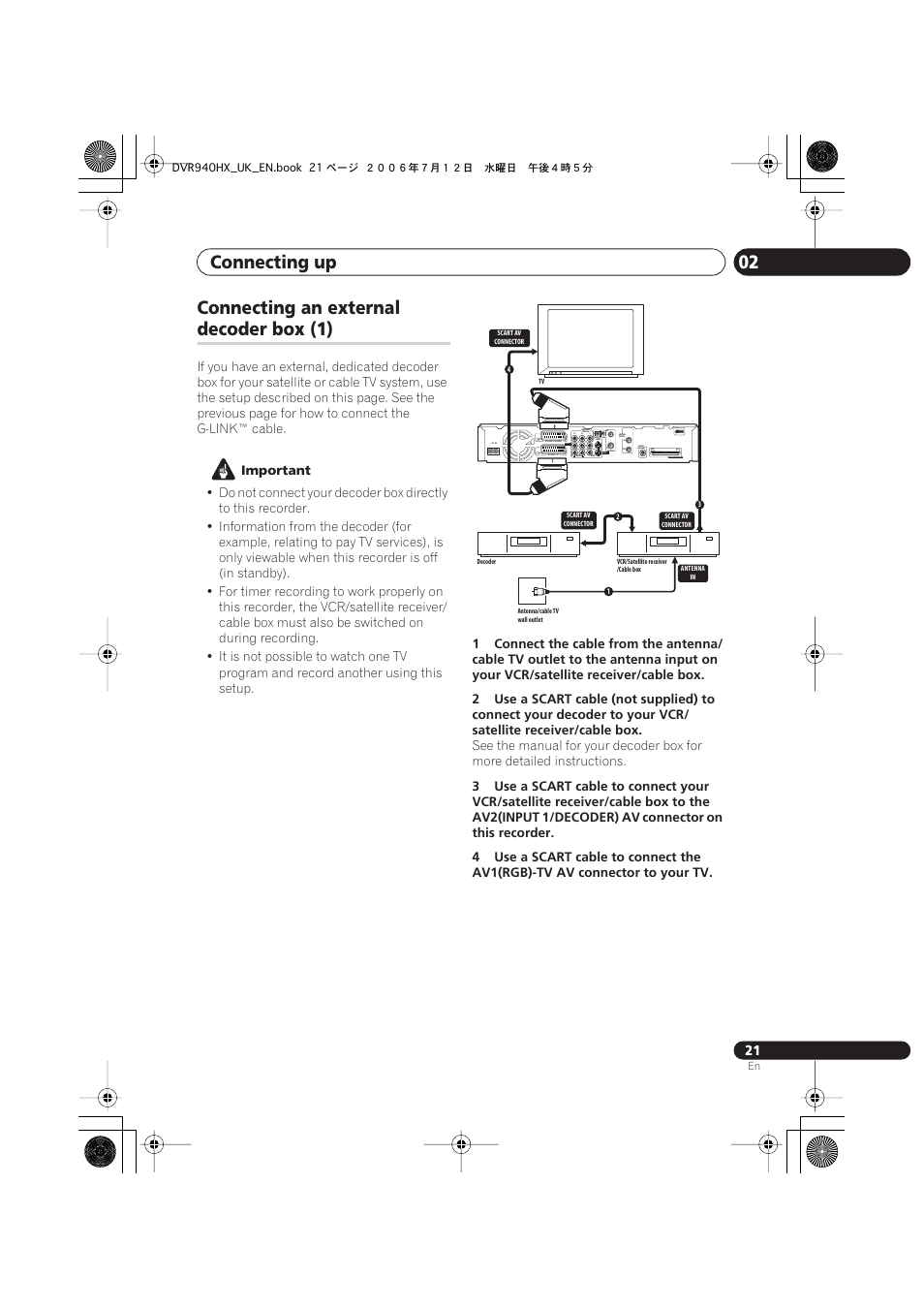 Connecting up 02, Connecting an external, Decoder box (1) | Coaxial, Output input3 in, Important | Pioneer DVR-545HX-S User Manual | Page 21 / 172