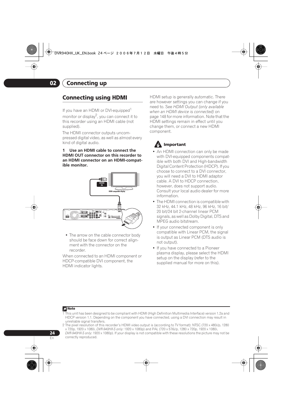 Connecting using hdmi, Connecting up 02, Coaxial | Output input3 in, Ac in | Pioneer DVR-545HX-S User Manual | Page 24 / 172