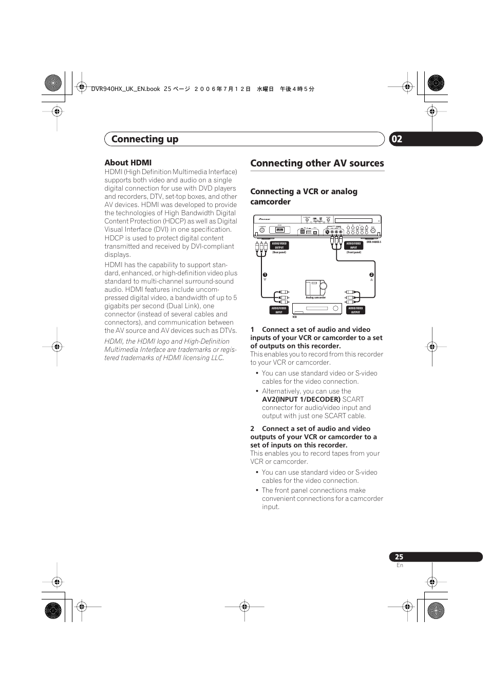 Connecting other av sources, Connecting up 02, About hdmi | Connecting a vcr or analog camcorder, Hdd1 hdd2 dvd, Av2(input 1/decoder) | Pioneer DVR-545HX-S User Manual | Page 25 / 172