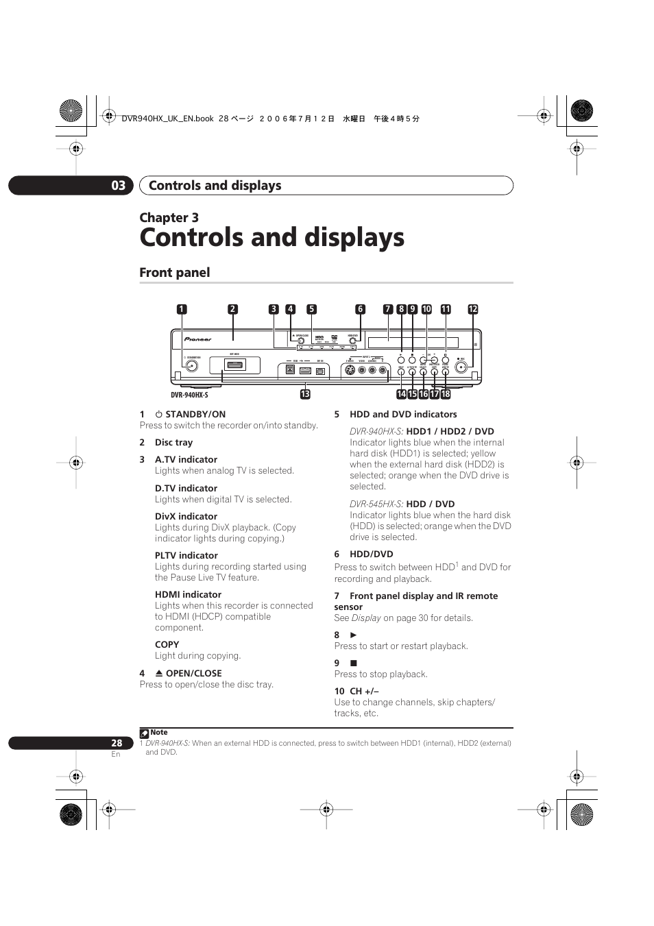 03 controls and displays, Front panel, Controls and displays | Controls and displays 03, Chapter 3 | Pioneer DVR-545HX-S User Manual | Page 28 / 172