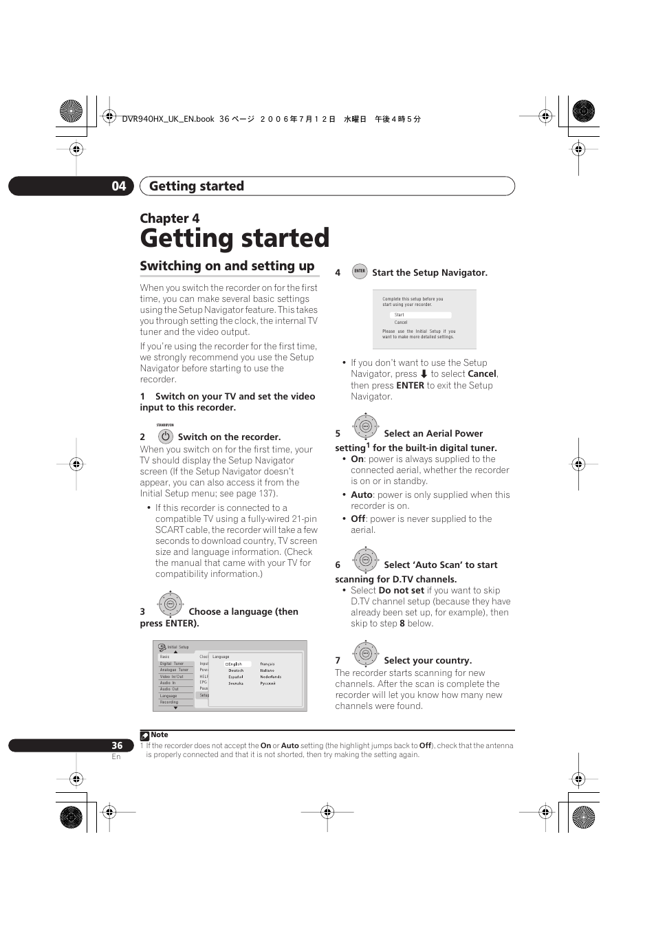 04 getting started, Switching on and setting up, Getting started | Getting started 04, Chapter 4 | Pioneer DVR-545HX-S User Manual | Page 36 / 172