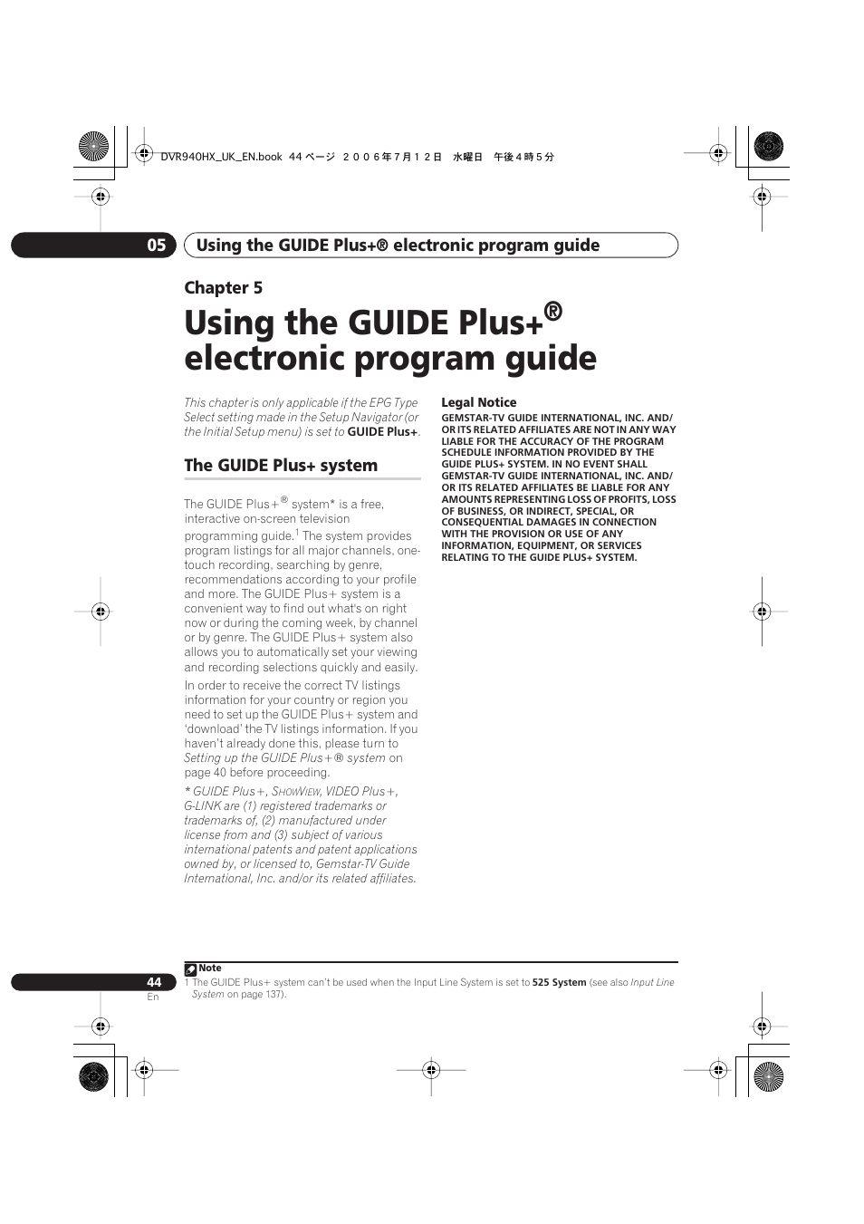 05 using the guide plus+® electronic program guide, The guide plus, System | Using the guide plus, Electronic program guide, Using the guide plus+® electronic program guide 05, Chapter 5, The guide plus+ system | Pioneer DVR-545HX-S User Manual | Page 44 / 172