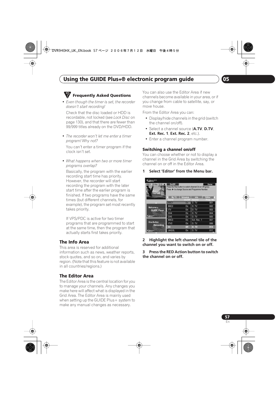 Using the guide plus+® electronic program guide 05, The info area, The editor area | Pioneer DVR-545HX-S User Manual | Page 57 / 172