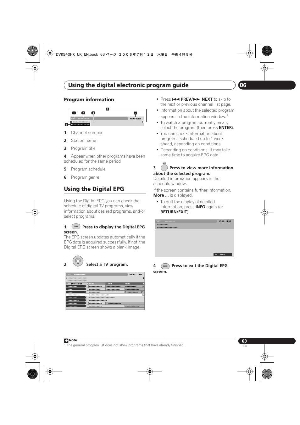 Using the digital epg, Using the digital electronic program guide 06 | Pioneer DVR-545HX-S User Manual | Page 63 / 172