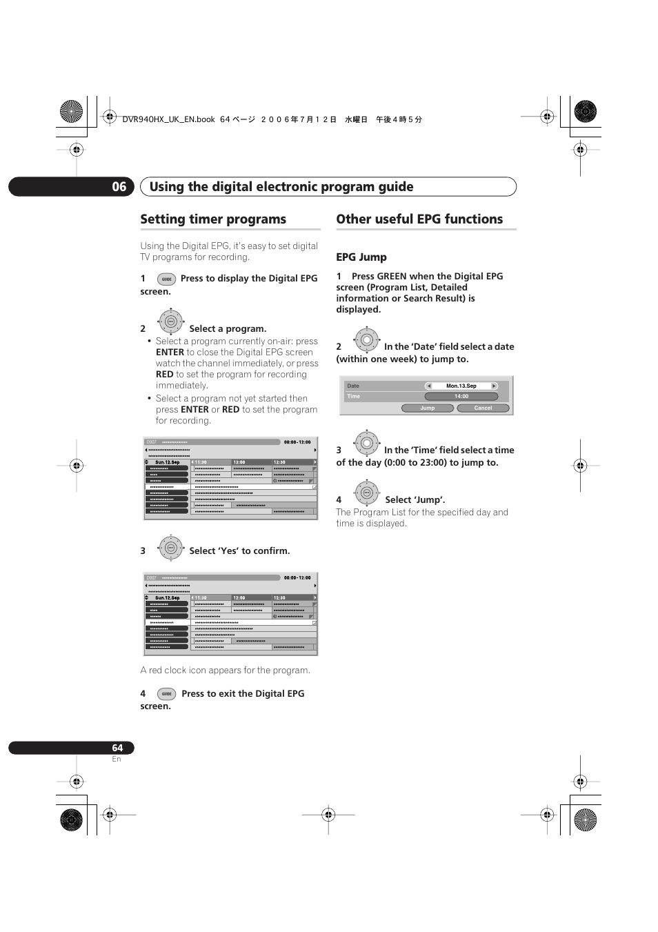 Setting timer programs, Other useful epg functions, Using the digital electronic program guide 06 | Epg jump | Pioneer DVR-545HX-S User Manual | Page 64 / 172