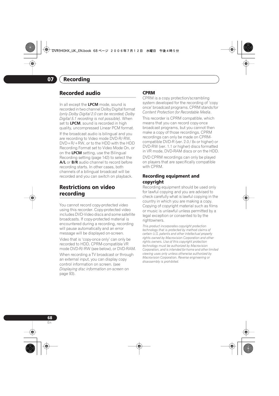 Recorded audio, Restrictions on video recording, Recording 07 | Restrictions on video, Recording | Pioneer DVR-545HX-S User Manual | Page 68 / 172