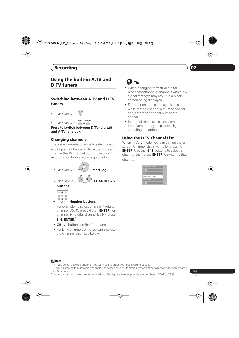 Using the built-in a.tv and d.tv tuners, Recording 07, Using the built-in a.tv and | D.tv tuners, Switching between a.tv and d.tv tuners, Changing channels, Using the d.tv channel list | Pioneer DVR-545HX-S User Manual | Page 69 / 172