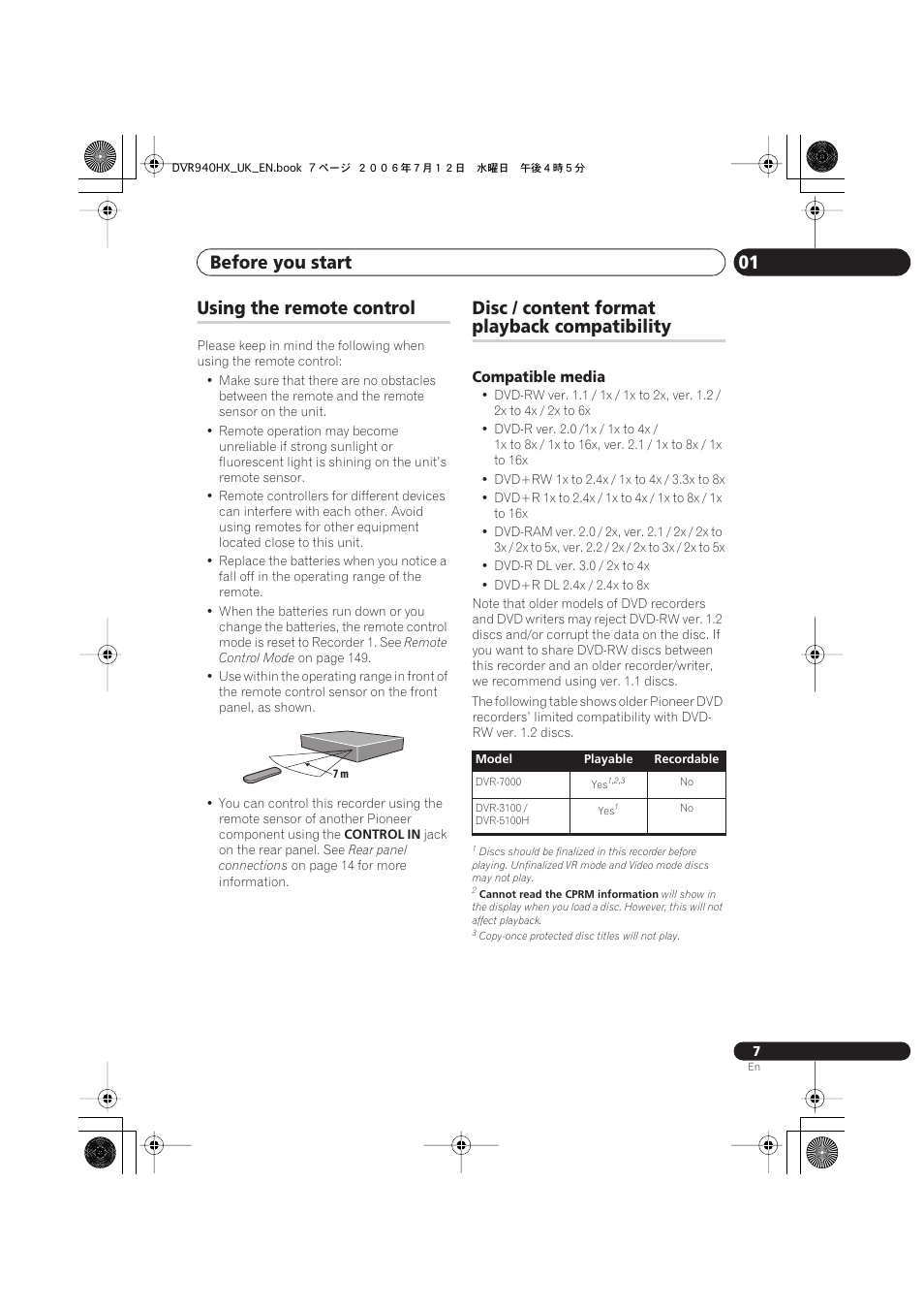 Using the remote control, Disc / content format playback compatibility, Before you start 01 | Disc / content format, Playback compatibility | Pioneer DVR-545HX-S User Manual | Page 7 / 172