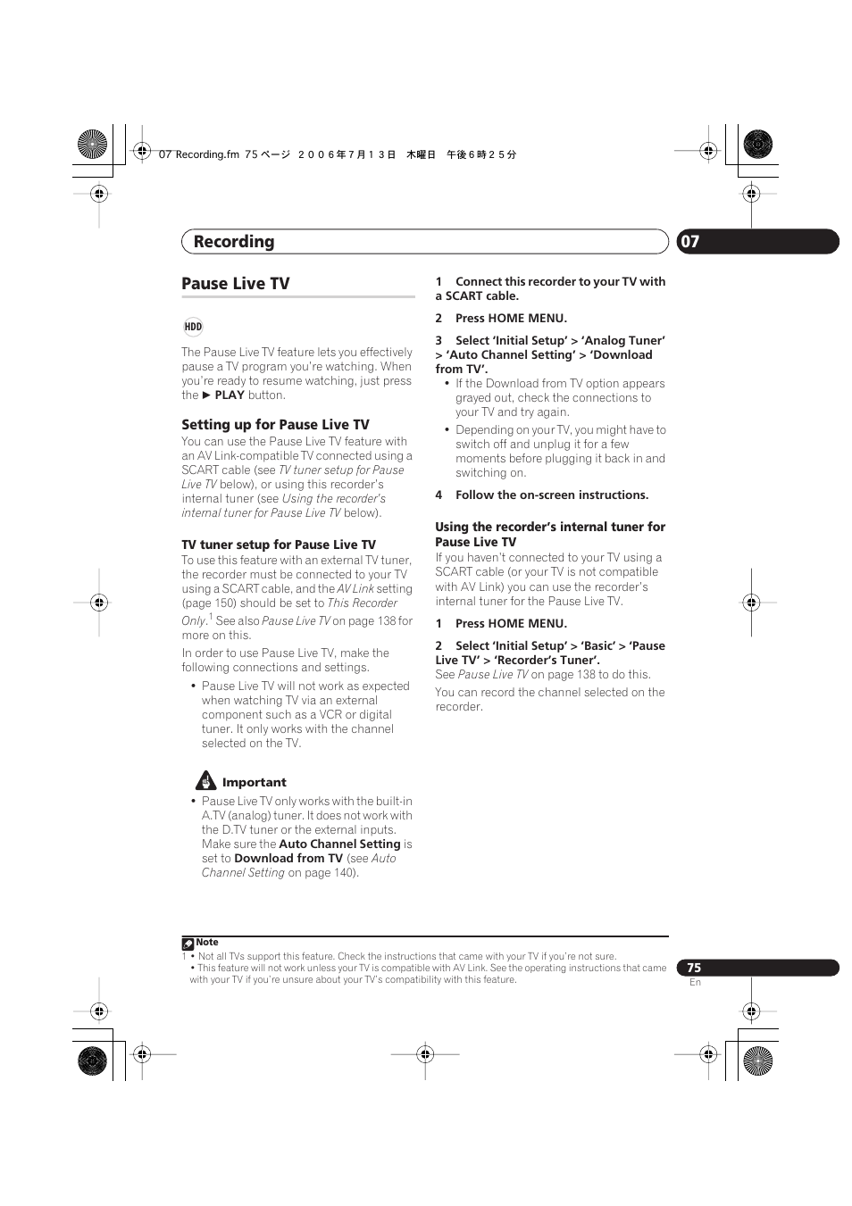 Pause live tv, Recording 07 | Pioneer DVR-545HX-S User Manual | Page 75 / 172