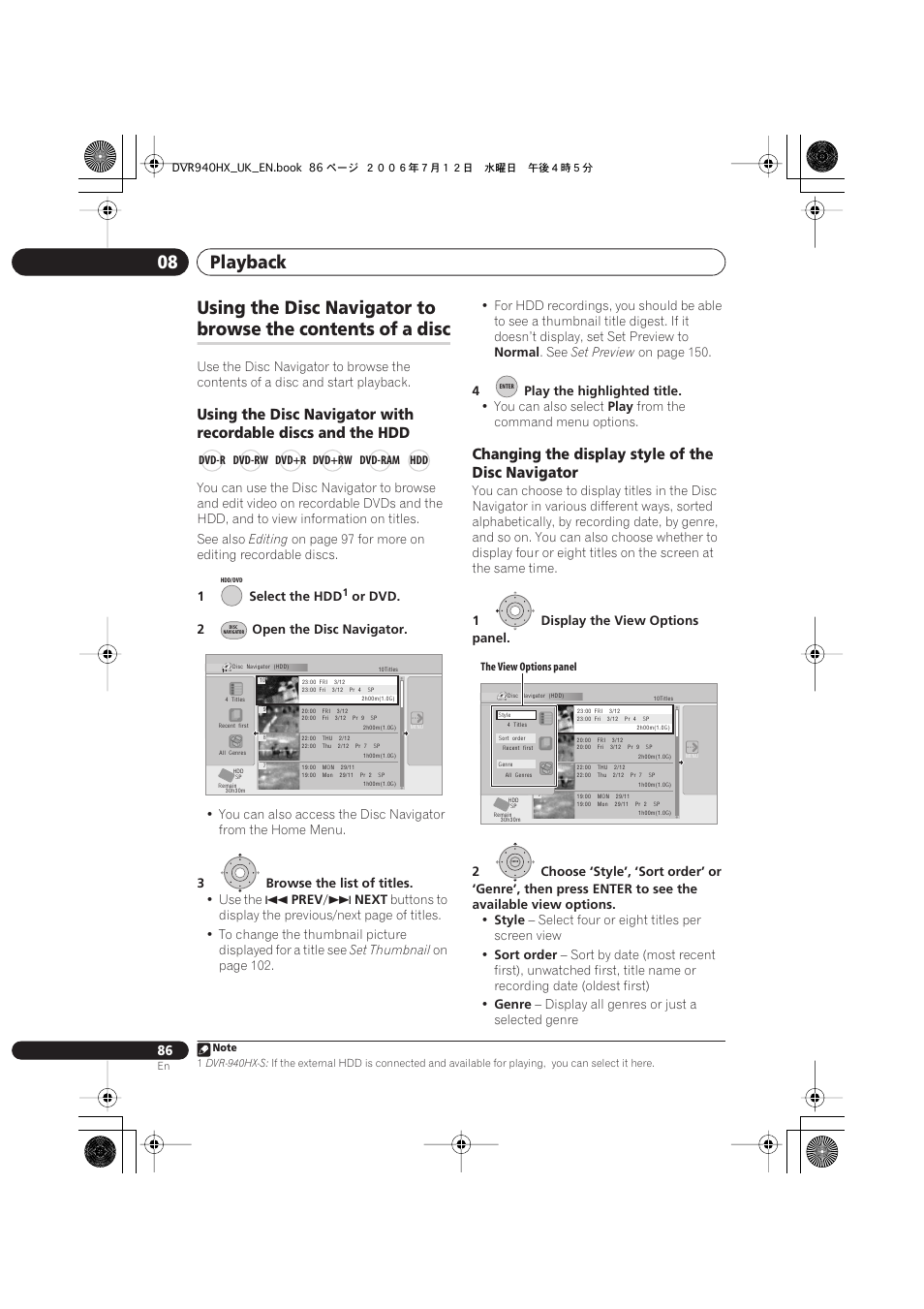 Playback 08, Using the disc navigator to, Browse the contents of a disc | Changing the display style of the disc navigator | Pioneer DVR-545HX-S User Manual | Page 86 / 172