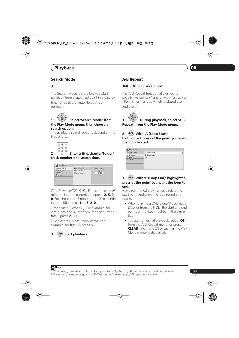 Playback 08, Search mode, A-b repeat | Pioneer DVR-545HX-S User Manual | Page 89 / 172