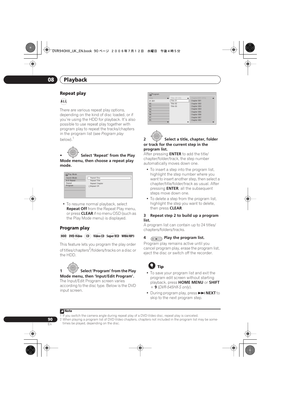 Playback 08, Repeat play, Program play | Pioneer DVR-545HX-S User Manual | Page 90 / 172