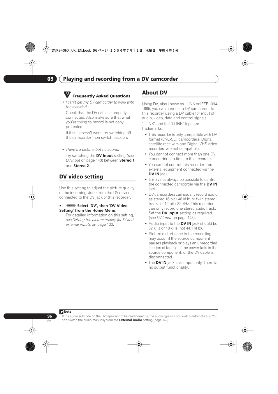 Dv video setting, About dv, Playing and recording from a dv camcorder 09 | Pioneer DVR-545HX-S User Manual | Page 96 / 172