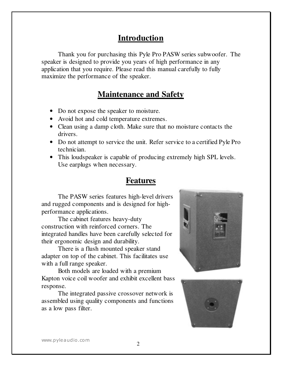 Introduction, Maintenance and safety, Features | PYLE Audio PASW 15 User Manual | Page 2 / 7