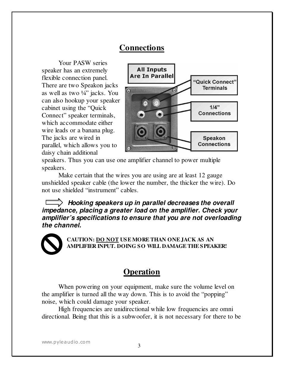 Connections, Operation | PYLE Audio PASW 15 User Manual | Page 3 / 7