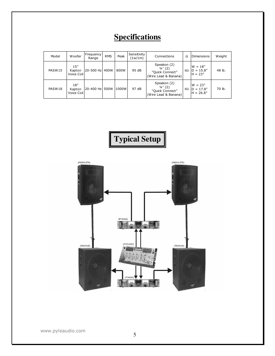 Specifications, Typical setup | PYLE Audio PASW 15 User Manual | Page 5 / 7
