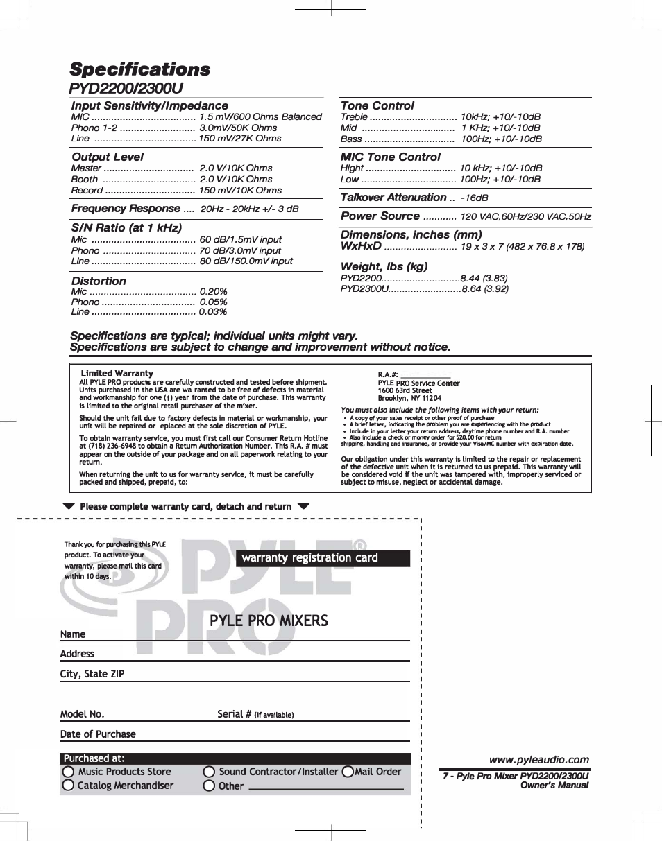 Specifications, Pyle pro mixers, Warranty registration card | PYLE Audio PYD2300U User Manual | Page 8 / 8