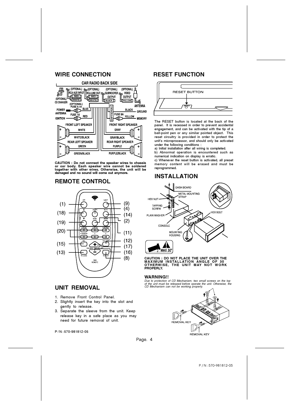 Wire connection, Reset function unit removal, Installation remote control | PYLE Audio PLCD38 User Manual | Page 4 / 4