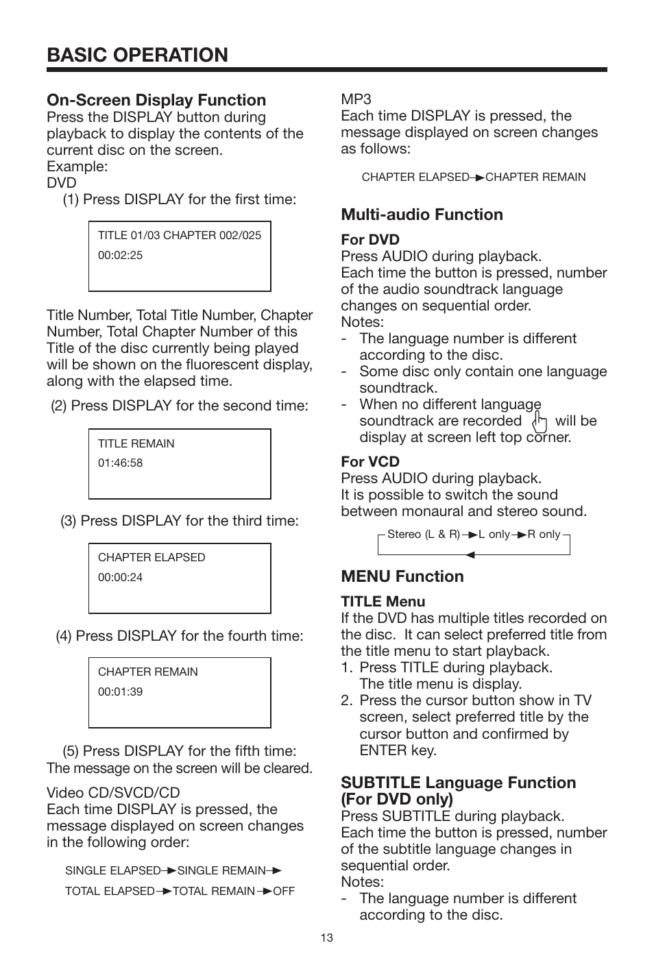 Basic operation, Multi-audio function, Menu function | Subtitle language function (for dvd only), On-screen display function | PYLE Audio PLDVD-150 User Manual | Page 13 / 24