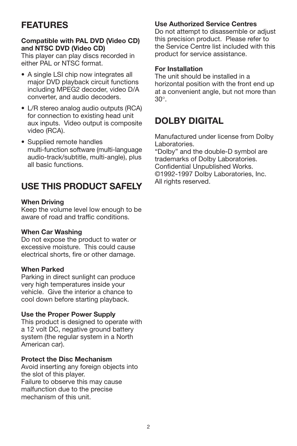 Features, Use this product safely, Dolby digital | PYLE Audio PLDVD-150 User Manual | Page 2 / 24