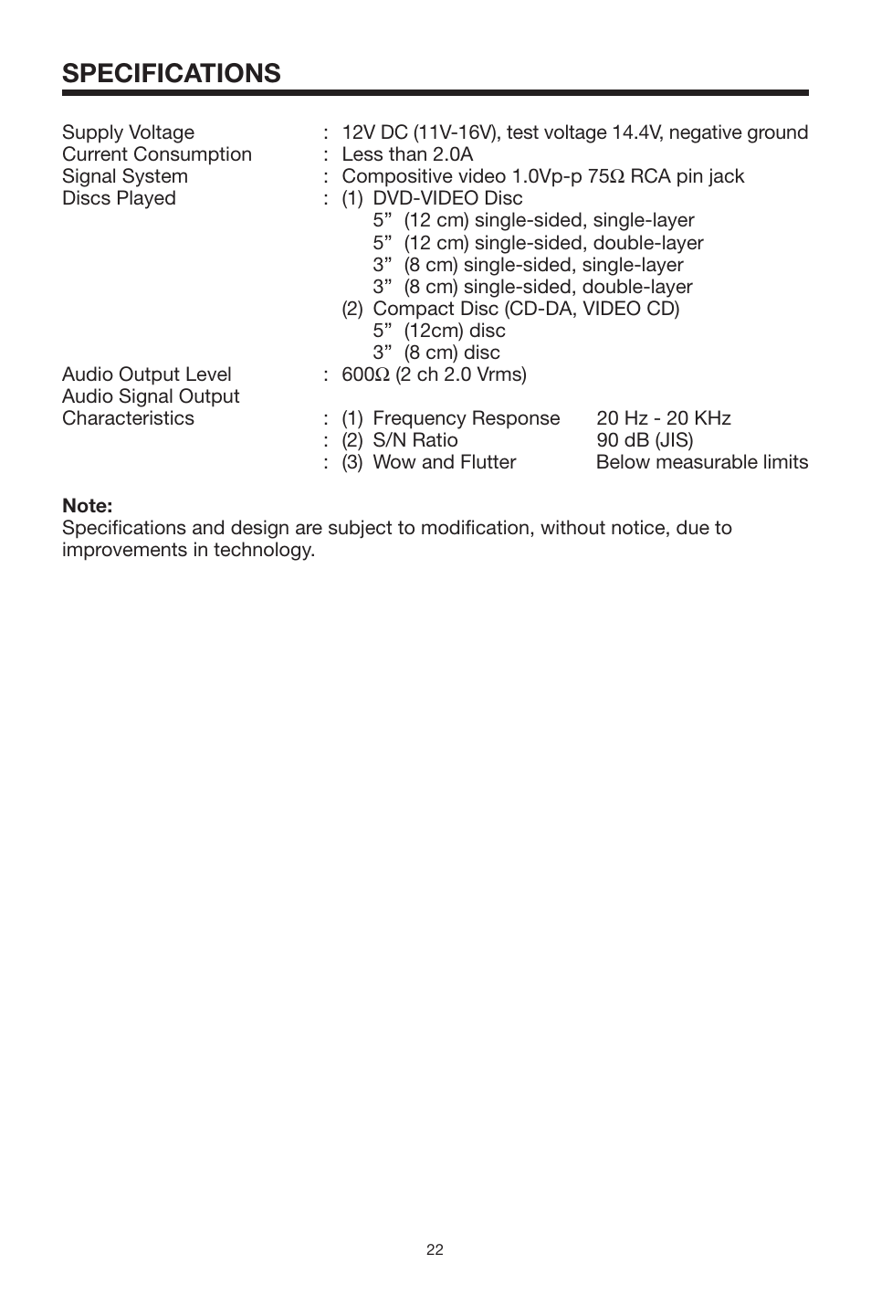 Specifications | PYLE Audio PLDVD-150 User Manual | Page 22 / 24