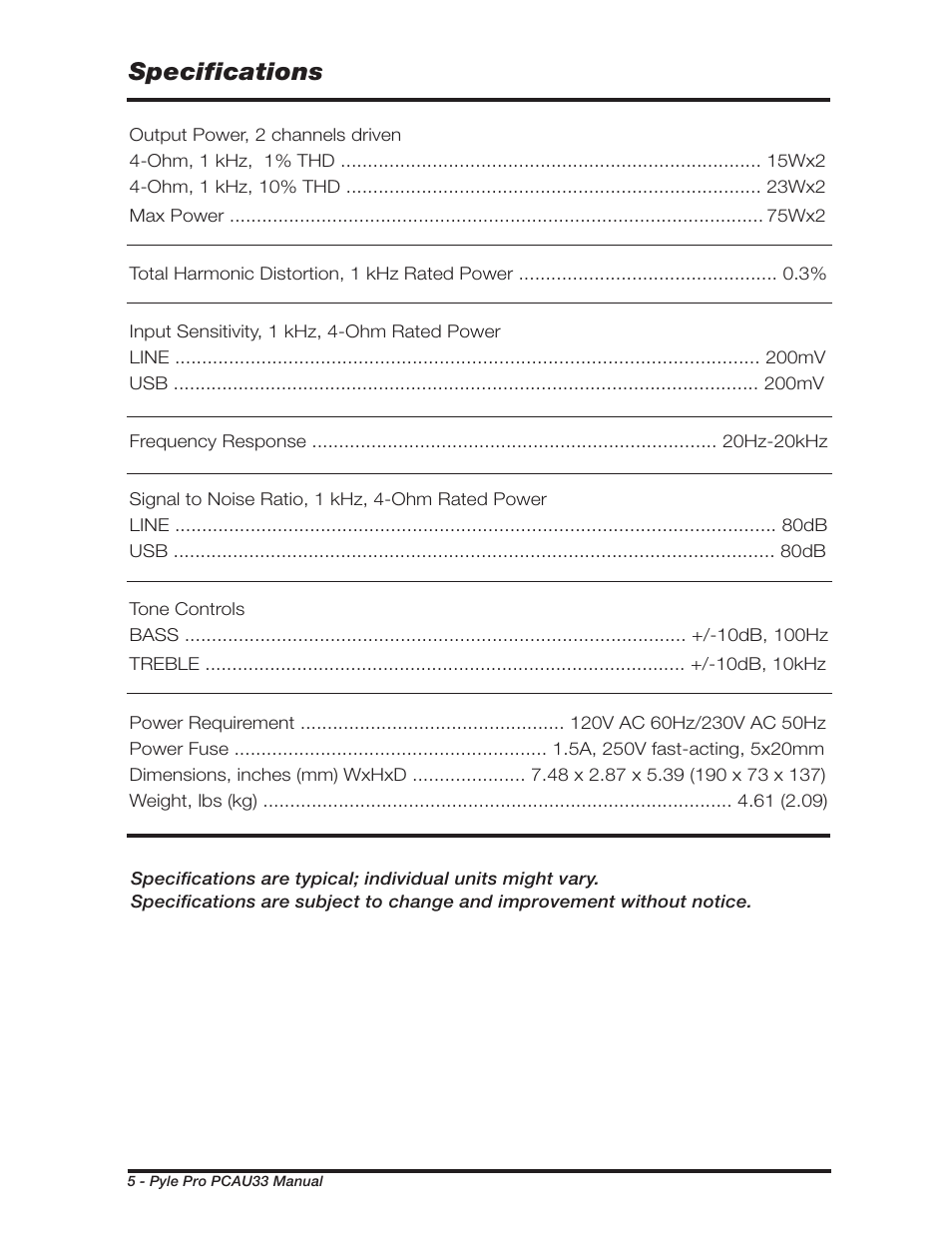 Specifications | PYLE Audio PCAU33 User Manual | Page 6 / 8