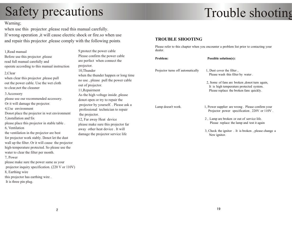 Safety precautions, Trouble shooting | PYLE Audio PRJHD66 User Manual | Page 4 / 12