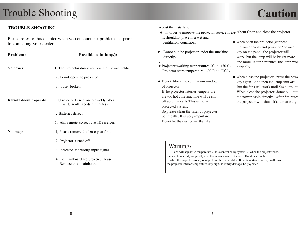 Caution, Trouble shooting, Warning | PYLE Audio PRJHD66 User Manual | Page 5 / 12