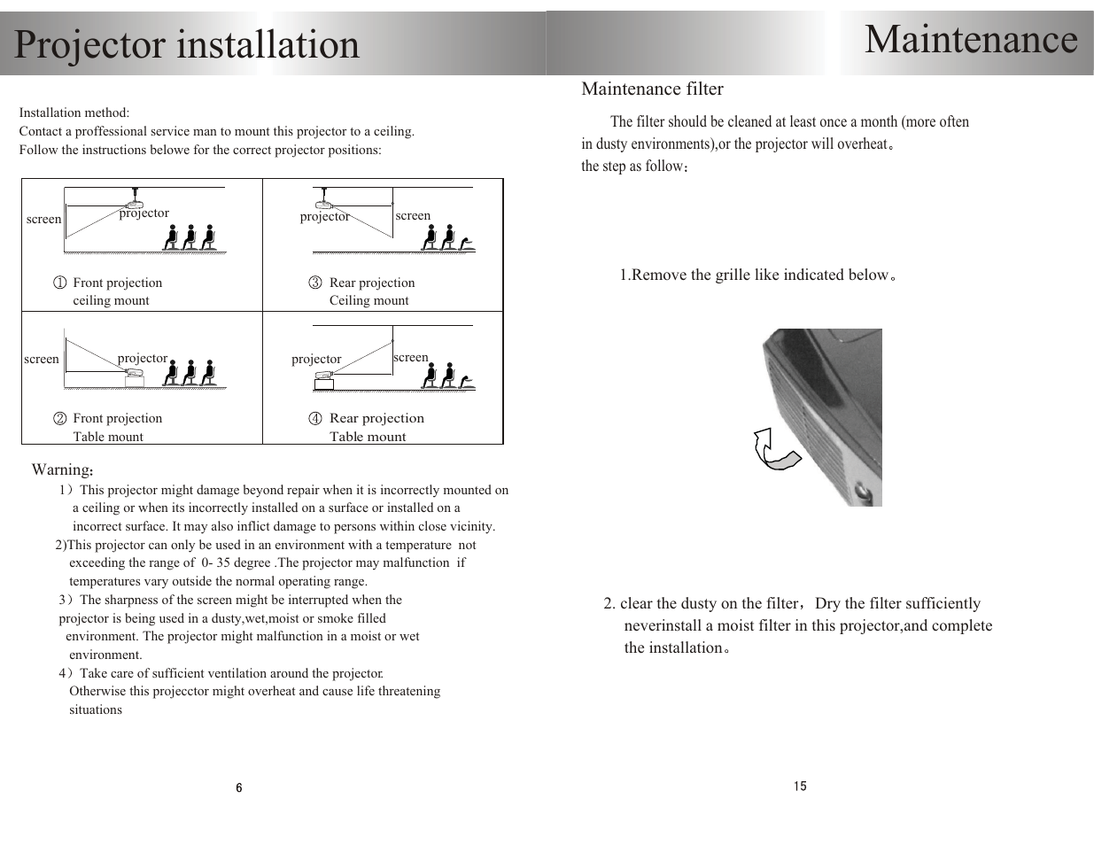 Maintenance, Projector installation | PYLE Audio PRJHD66 User Manual | Page 8 / 12