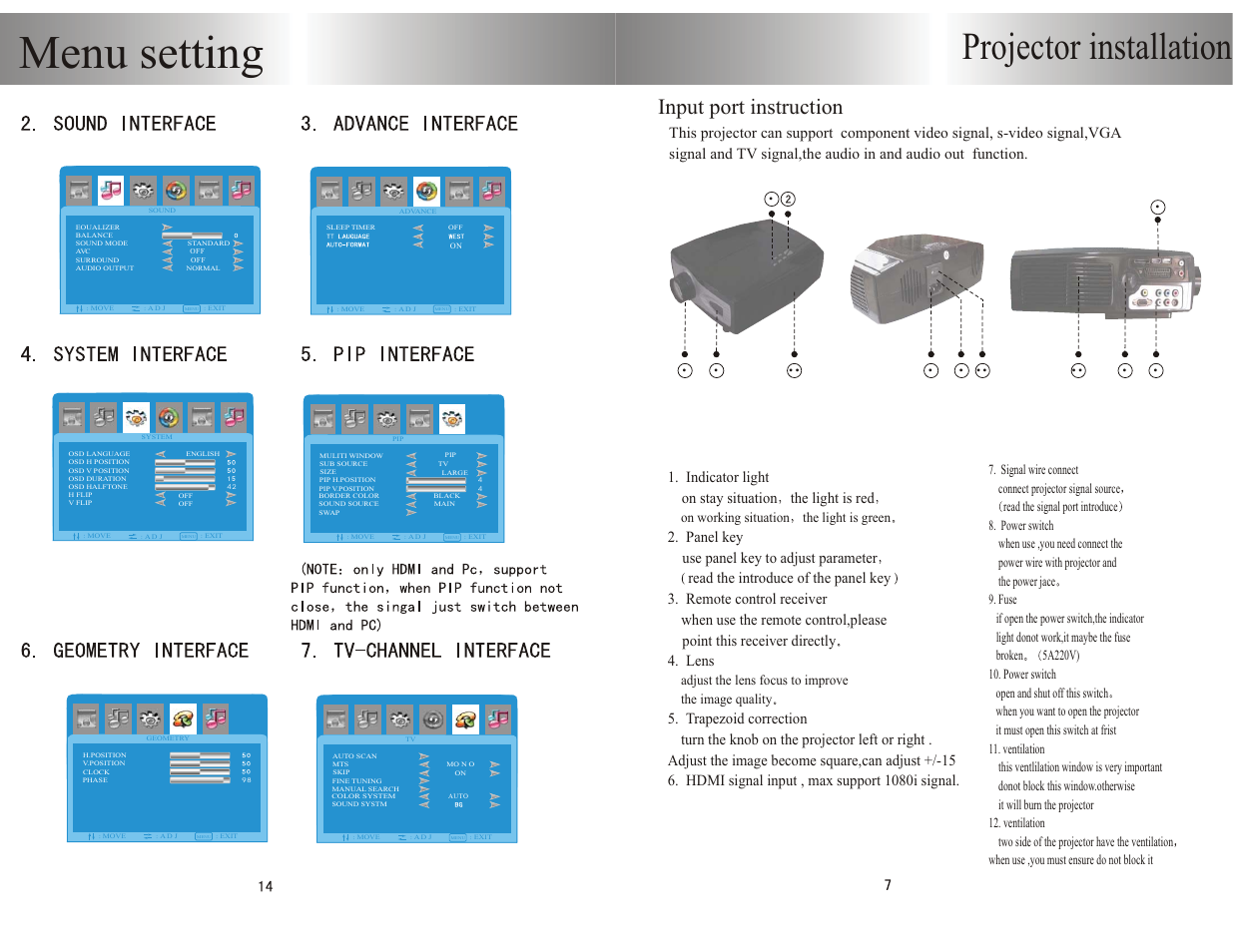 Menu setting, Projector installation, Input port instruction | Indicator light, On stay situation the light is red, Trapezoid correction | PYLE Audio PRJHD66 User Manual | Page 9 / 12