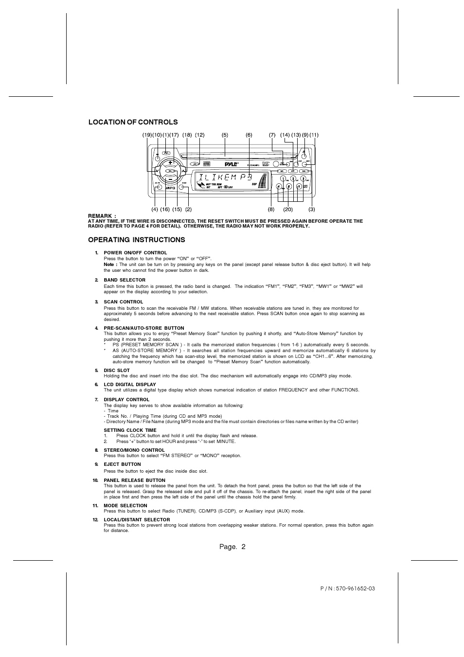 Page. 2, Operating instructions location of controls | PYLE Audio PLCD45MP3 User Manual | Page 2 / 4