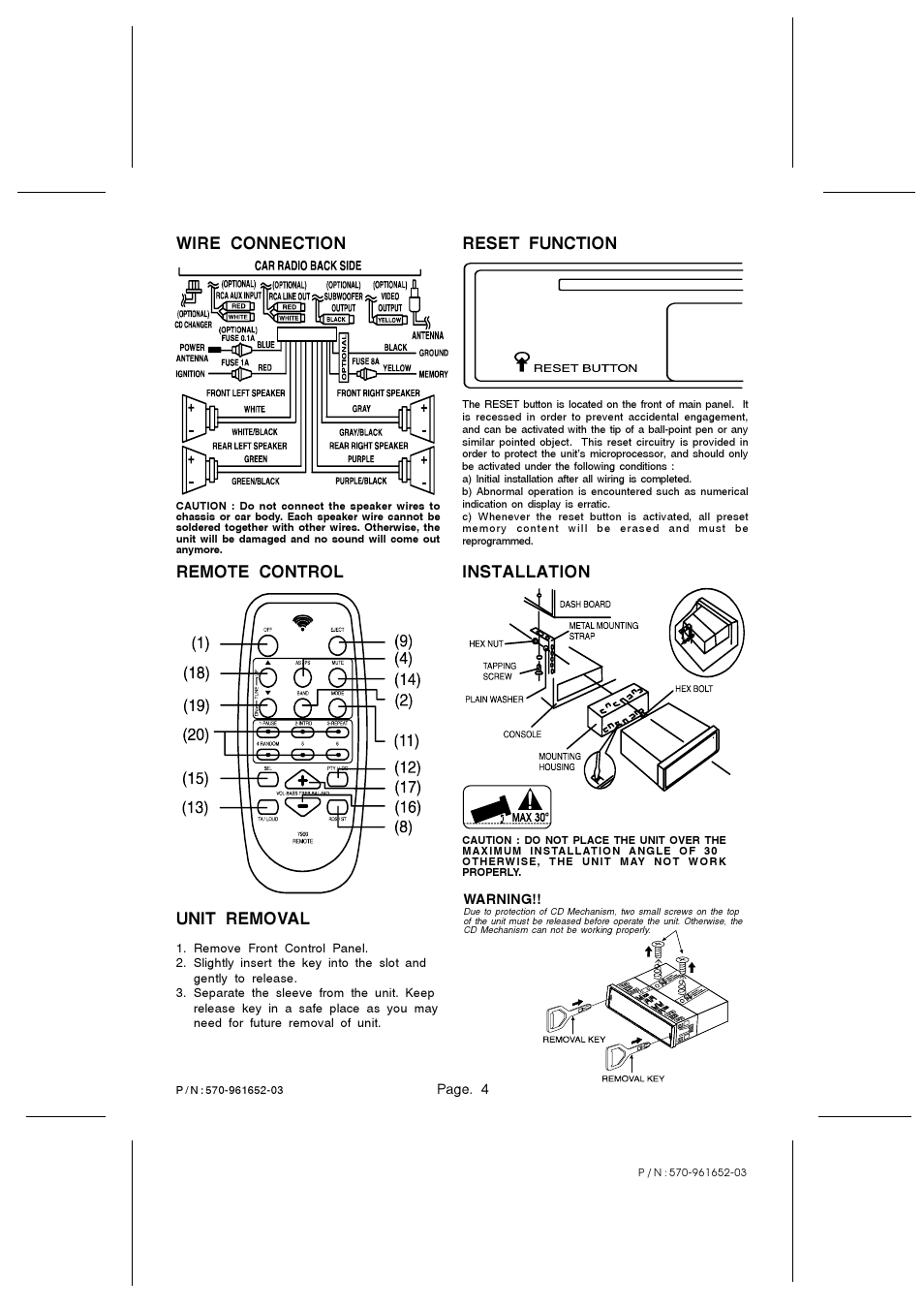 Reset function installation unit removal, Remote control wire connection | PYLE Audio PLCD45MP3 User Manual | Page 4 / 4