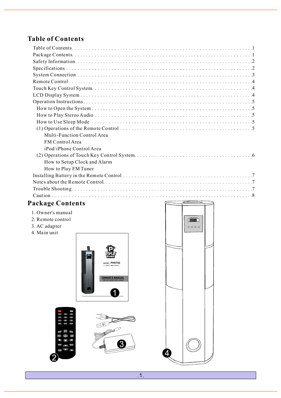 Table of contents package contents | PYLE Audio PHST92 User Manual | Page 2 / 10