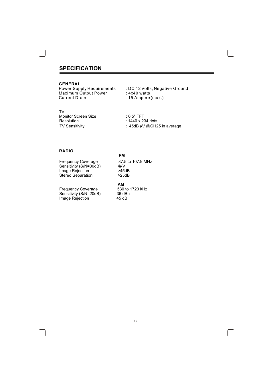 Т³гж 17, Specification | PYLE Audio PLTV65R User Manual | Page 17 / 20