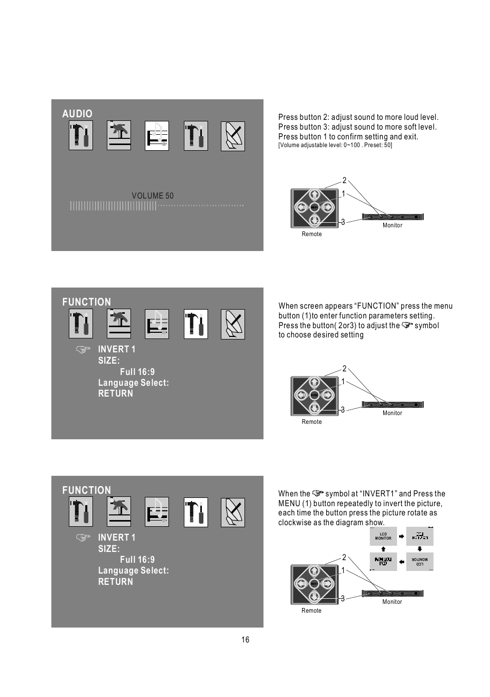 Audio, Function, Invert 1 size: full 16:9 language select: return | PYLE Audio PLHR7SP User Manual | Page 17 / 20