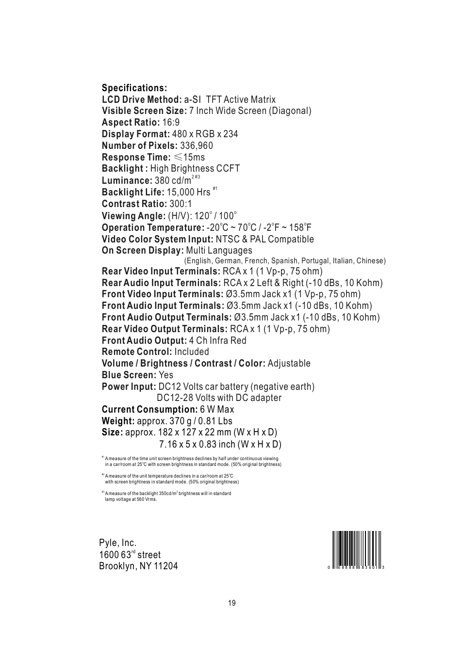 Luminance: 380 cd/m | PYLE Audio PLHR7SP User Manual | Page 20 / 20