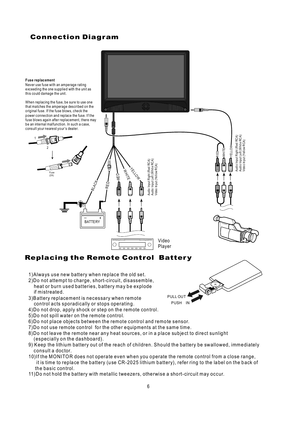 Replacing the remote control batter y, Connection diagram, Video player | PYLE Audio PLHR7SP User Manual | Page 7 / 20