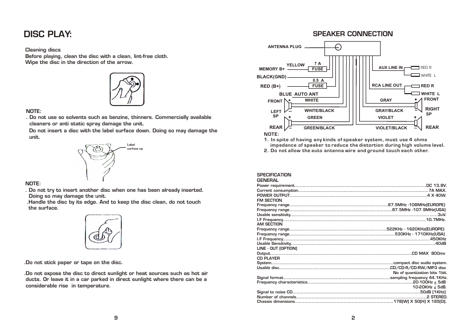 Disc play, Speaker connection | PYLE Audio PLCD82MP User Manual | Page 3 / 6