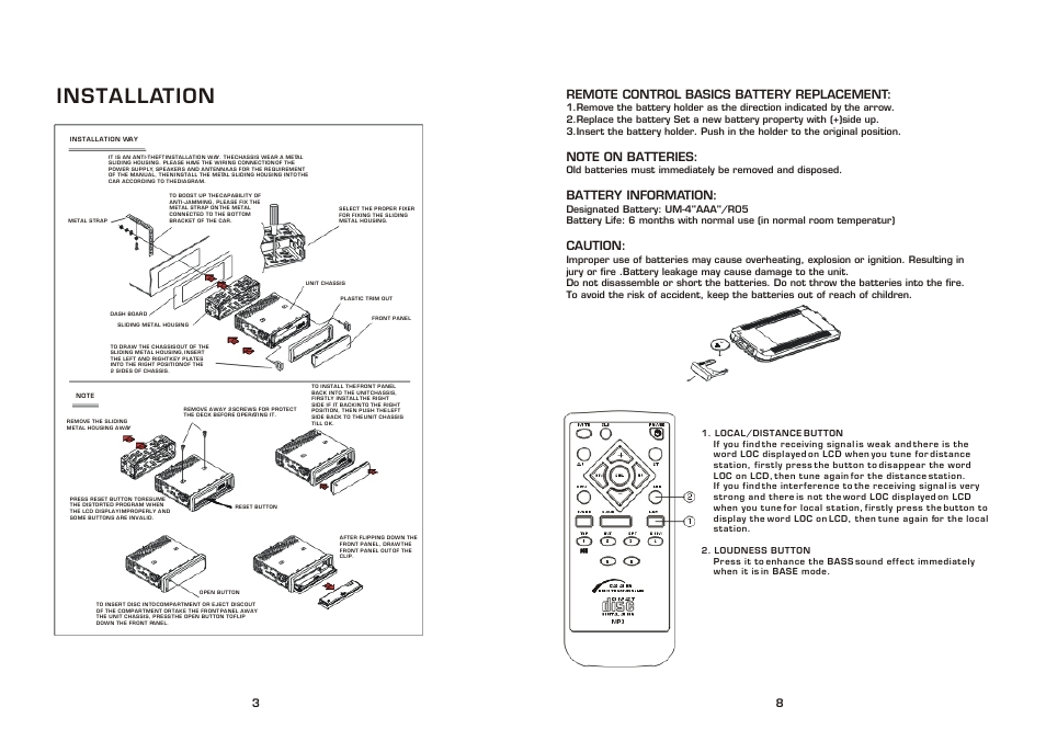 Installation, Remote control basics battery replacement, Battery information | Caution | PYLE Audio PLCD82MP User Manual | Page 4 / 6