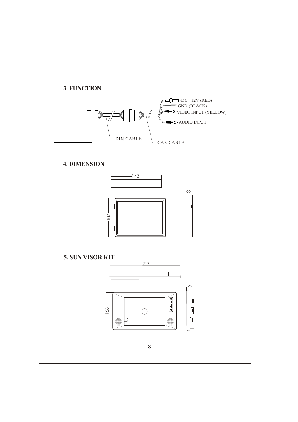 Function 5. sun visor kit 4. dimension | PYLE Audio View Series PLVSMN56 User Manual | Page 4 / 4